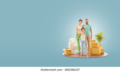 3d illustration of a Happy family enjoying new home. Moving house concept. - Powered by Shutterstock