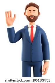 3D illustration of happy greeting gesture man waving hand. Cute cartoon smiling businessman saying hello, isolated on white background.