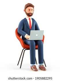 3D Illustration Of Happy Man With Laptop And Sitting In A Chair. Cartoon Smiling Bearded Businessman Working In Office And Using Social Networks, Isolated On White Background. Workplace Concept.