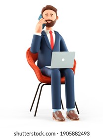3D illustration of happy man with laptop talking on the smartphone and sitting in a chair. Cartoon smiling bearded businessman on the phone call, working in office, isolated on white background. 