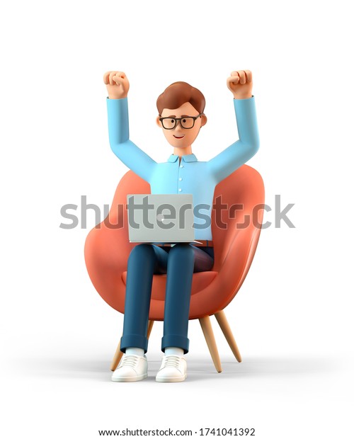 3d Illustration Happy Man Laptop Sitting Stock Illustration 1741041392