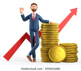 3D illustration of happy man leaning on a stack of gold coins and showing ok gesture. Cartoon standing businessman with okay sign, successful investor. Financial consulting, savings, infographic.
