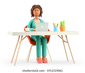 3D illustration of happy smiling african american woman working at the desk in modern office. Cartoon elegant businesswoman or freelancer using laptop, isolated on white. Workplace concept. - Powered by Shutterstock