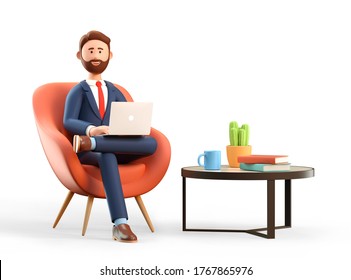 3D Illustration Of Happy Smiling Businessman In Suit With Laptop Sitting In Armchair. Cartoon Office Workplace With Modern Coffee Table, Mug, Books And Plant.