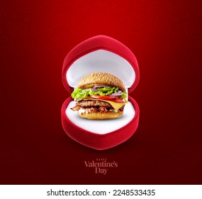 3d illustration of happy valentines day with a burger on love shaped ring box on isolated red background - Powered by Shutterstock