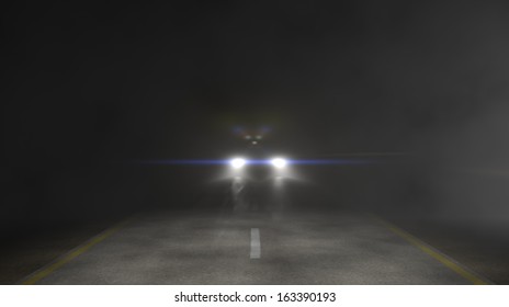 3D Illustration Of Headlights On Dark Road