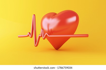 3d illustration. Heart with Heartbeat pulse line on yellow background. Health medical concept.