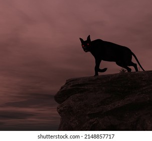 3d Illustration Of A Hellhound Or Phantom Dog Of Folklore Stood On A Rocky Outcrop Against A Dramatic Stormy Sky