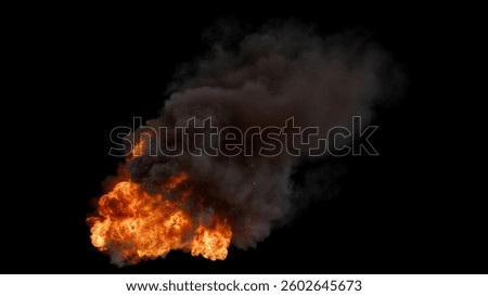 3D illustration of High angle view of Large and Intense Fire with black smoke rising from it with bright orange Flames as significant Fire event on a Black Background