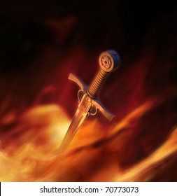 3D illustration of a high quality medieval sword in fire