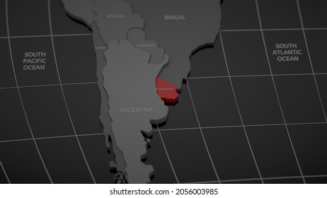 3D Illustration of a highlighted by red color Uruguay map on a gray world map