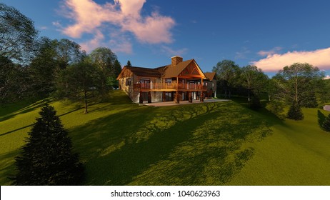 3D Illustration Of A Hilltop Lake House