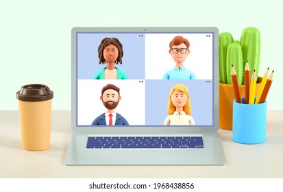 3D illustration of home video call, online work conference concept. Virtual class, team education. Remote meeting, digital business chat. Group of multiethnic people talking by internet, web chatting. - Powered by Shutterstock