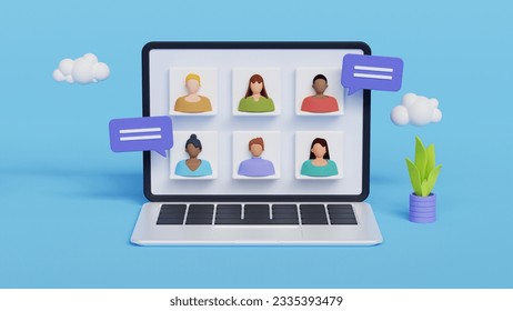 3D illustration of home video call, online work conference concept. Virtual class, team education. Remote meeting, digital business chat. Group of multiethnic people talking by internet, web chatting - Powered by Shutterstock