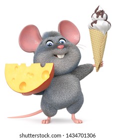 3d Illustration Home Wrecker Look Like A Rat/3d Illustration Funny Mouse With Cheese And Ice Cream