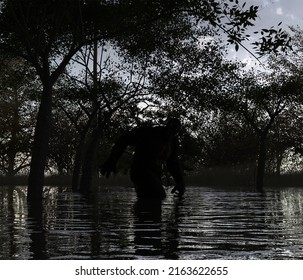 3d Illustration Of The Honey Island Swamp Monster Or Skunk Ape Bigfoot Sasquatch Cryptid In A Swamp