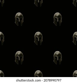 3D illustration Hoplite warriors helmet photo motif seamless brown and black pattern