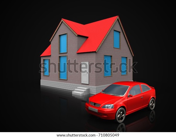 3d\
illustration of house with car over black\
background