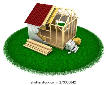 3d Illustration Of House Constuction Over Green Grass Hill