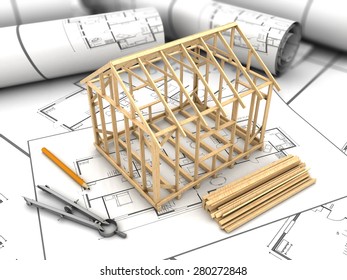 3d illustration of house frame modeling and blueprints