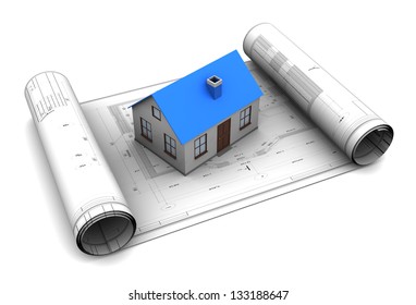 3d Illustration Of House Model On Blueprint Roll