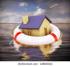 3d Illustration Of House On Lifesaver Floating On Water