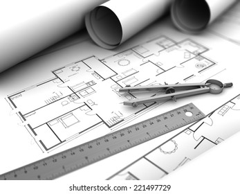 3d Illustration Of House Plan Drawing Blueprints