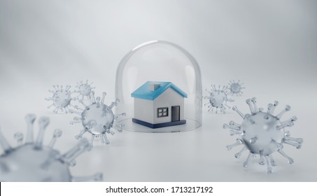 3D Illustration Of A House Protected Under A Glass Dome Surrounded By Viruses, Pandemic Covid19 Coronavirus Home Safety Concept, Light Grey Background