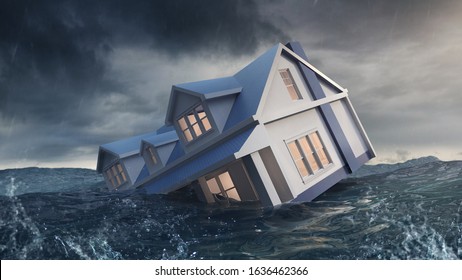 3d Illustration Of A House Sinking In The Ocean. 