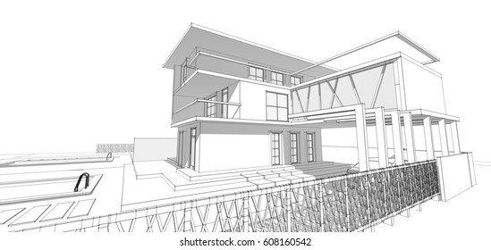 3d Illustration House Sketch Stock Illustration 608160542 