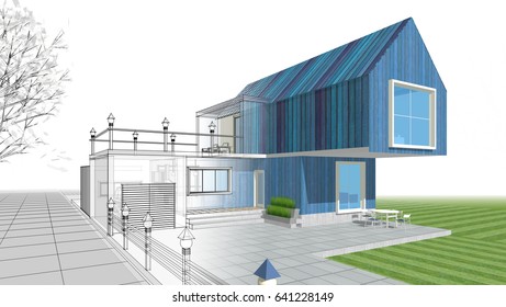 3d illustration, house sketch