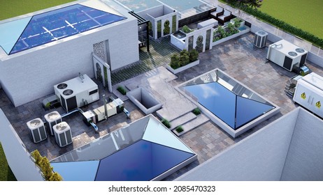 3d Illustration Of Housing Roof Landscape Unit With Ac Units And Sitting Areas