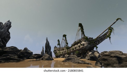 3D Illustration Hull Of An Old Ship Wrecked