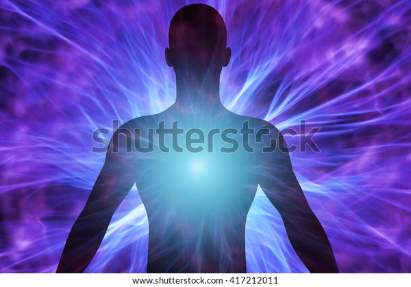 3D\
illustration of human body with energy\
beams