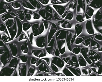 3d Illustration Of Human Bone Spongy Structure Close-up Made Of Metal, Strong Bones Concept