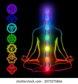 3d illustration of the human chakra and energy systems.