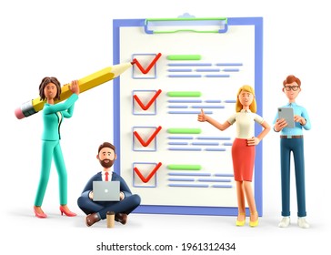 3D Illustration Of Human Characters Filling Out A Test In Customer Survey Form. Ethnic People Group, Woman With Pencil And Man Putting Check Mark On Checklist.  Successful Tasks Execution Concept.