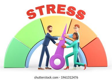 3D Illustration Of Human Characters Reducing The Pressure Of Problem In Stress Level Concept. Emotional Overload, Employee Frustrations At Work. Business Tension. Strong People Resisting Workload.