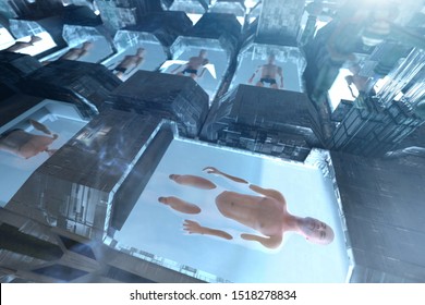 3D Illustration Of Human Cloning Concept, Sci Fi Lab, Render 4D