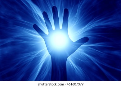 3D Illustration of human hand with energy beams