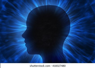 3D Illustration of human head with energy beams