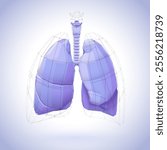 3D illustration of a human lung polygon covered with purple tones and a heart-shaped black net. For medical and commercial use