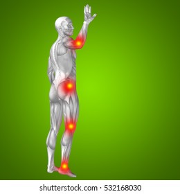 3D illustration of human man with muscles and articular or bones pain on green background metaphor to health, medicine, medical, biology, osteoporosis, arthritis, joint, disease inflammation or ache - Shutterstock ID 532168030