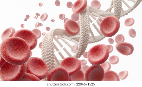 3d Illustration Of Human Red Blood Cells And White DNA Background, Concept For Medical Health Care.