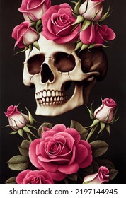 3d Illustration Of Human Skull With Pink Rose Flowers, Vintage Art Style, Old Style, Gothic Style, Canvas Texture