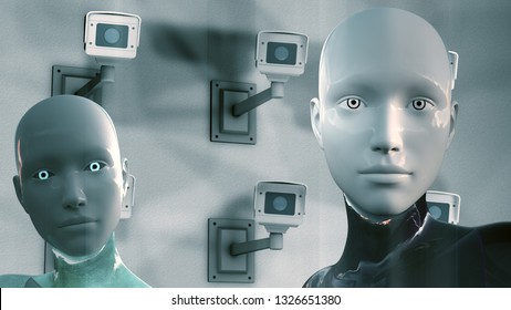 3D Illustration of a Humanoid Robot commonly called Android AI Artificial Intelligence Surveillance Multicamera System