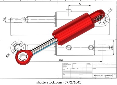 3d illustration of hydraulic cylinder above the engineering drawing