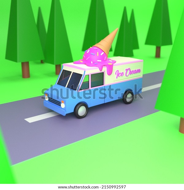 3d\
illustration, ice cream truck, with blur\
background