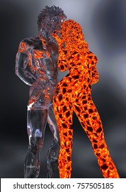 3D Illustration Ice male figure and fire female figure