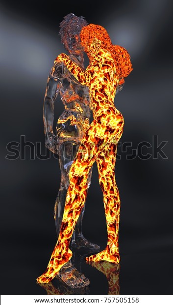 3D\
Illustration Ice male figure and fire female\
figure